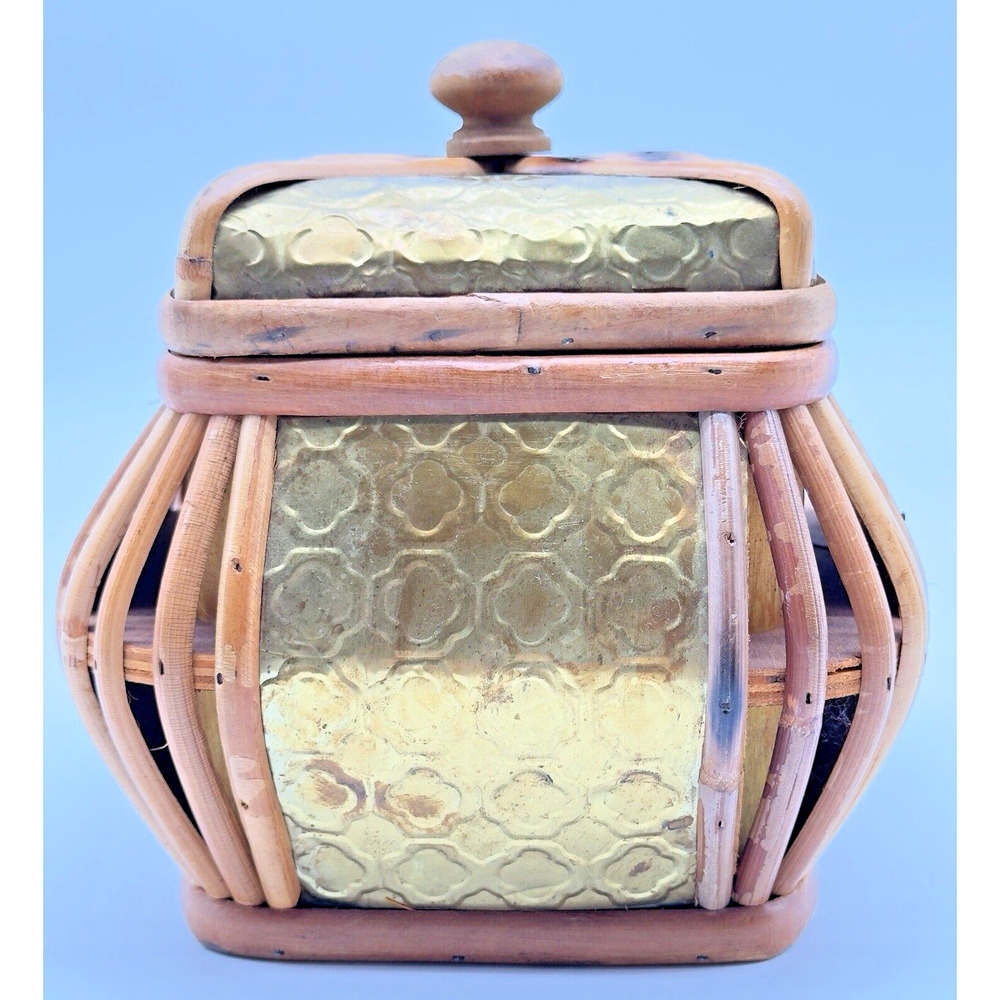 Vintage Bamboo Brass Wood Tabletop Storage Basket Box Patina Eclectic 6.5"×8"×8"